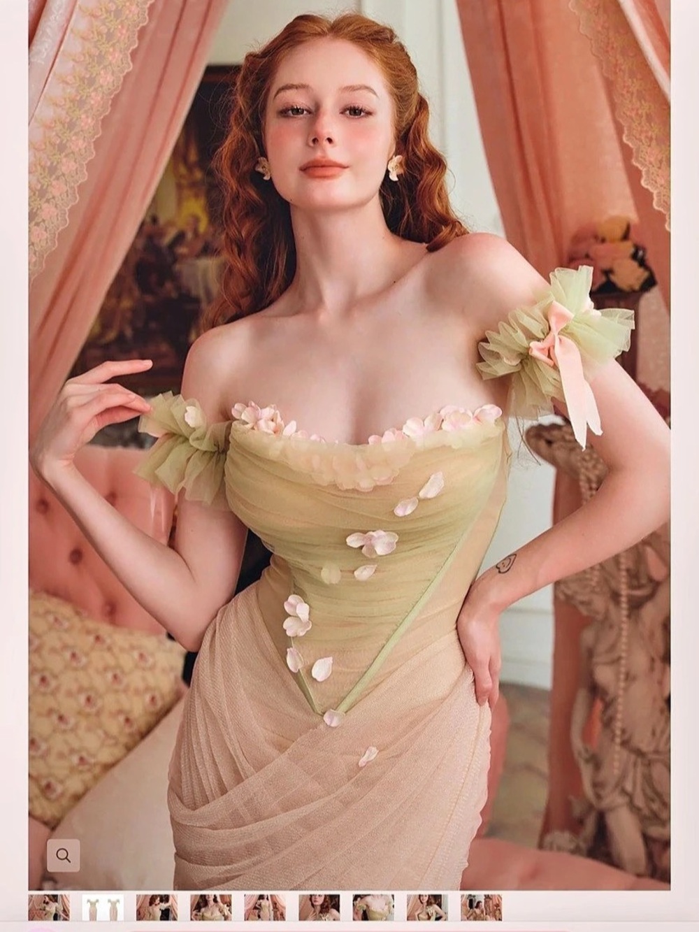 LaceMade Green Bud Fairy Corset Dress Sage Green & Pink Midi